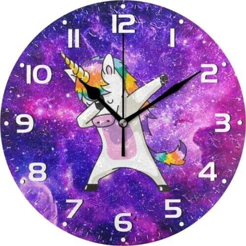 Cartoon Unicorn with Galaxy Star Round Wall Clock Silent Non Ticking Oil Painting Desk Clock Living Room Decor Art Wall Watch