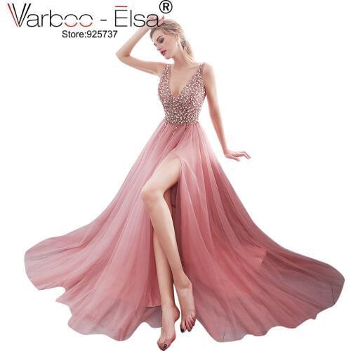 VARBOO_ELSA A Line Lace pink Wedding Dress 2019 Vestido De Noiva Bridal Dress Sexy Backless Puffy Tulle Beach Wedding Dresses