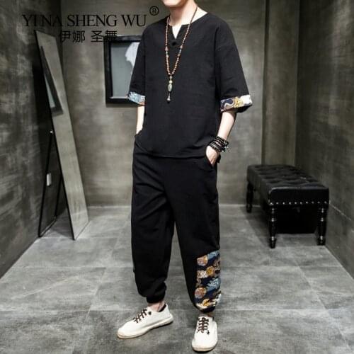 Summer Chinese Style Patchwork New Cotton Linen Suit Retro Ethnic Style Casual Two-Piece Suit Ancient Costume Hanfu Men Clothing