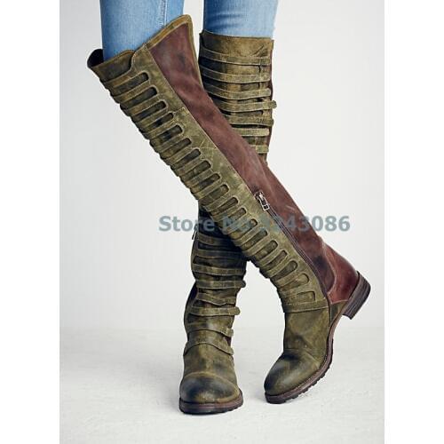 Round Toe Motorcycle Boots Buckle Strap Mixed Colors Knee High Long Boots Casual Fashion Suede Long Boots