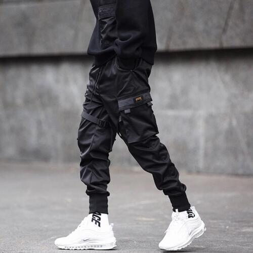 2019 Autumn Men Ribbons Color Block Black Pocket Cargo Pants Harem Joggers Harajuku Sweatpant Hip Hop Trousers LBZ123
