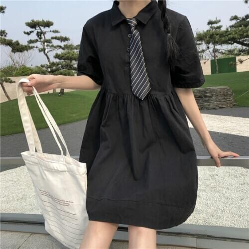 Japanese Sweet Lolita Dress Women Summer Preppy Style Student JK School Uniform Mini Dress Girls Black White Loose Shirt Dresses