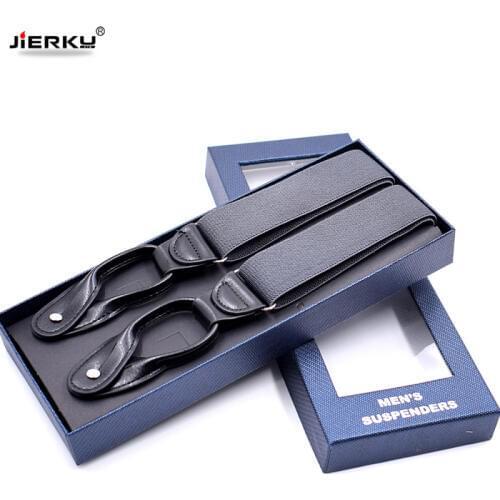 JIERKU Buttons Suspenders Mans Braces Black Leather Suspensorio Fashion Trousers Strap Father/Husbands Gift 3.5*120cm