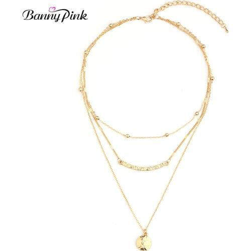 Banny Pink New Gold Color Layer Multi Chain Choker Necklace For Women Brief Hammer Bar Round Pendant Choker Clavicle Collar