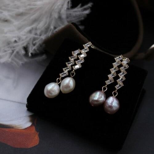 925 Sterling Silver Ear Pins Fresh Water Baroque Shaped Pearls Shiny Zircon Elegant Retro Earrings Jewelry for Women Gift