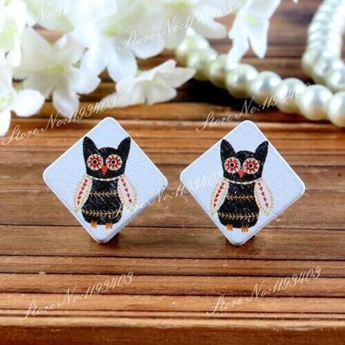 Owl Square Shape High Quality Photo Wood Laser Cut Cabochon to make Rings, Earrings, Bobby pin,Necklaces, Bracelets