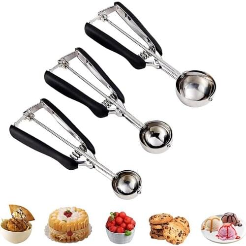 3 Sizes Stainless Steel Ice Cream Scoop Tool Cookie Watermelon Ball Spoon Fruit Mash Potato Digging Ball Spring Handle Scoop