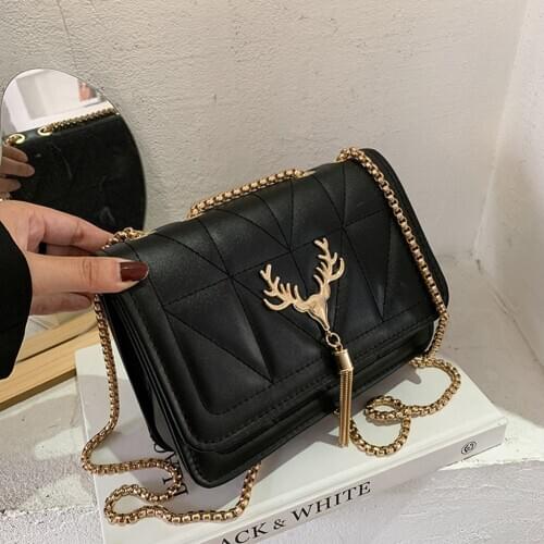 Fashion Lattice Pattern Messenger Bag Women PU Antler Tassel Chain Handbags Solid Color Square Single Shoulder Bags