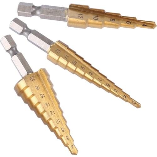 Step Drill Bit Set Titanium Coated 3-12/13 4-12/20/22/32mm Cone Hole Cutter 1/4'' Hex Shank Core Drill Bits For Metal Wood