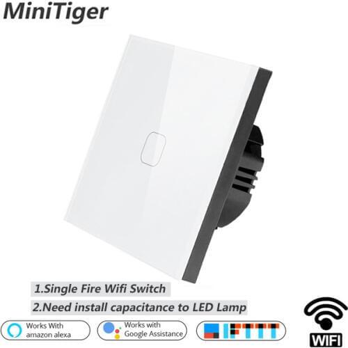 Minitiger EU/UK WIFI Smart 1 Gang Touch Switch APP Wireless Remote Light Wall Touch Switch Work With Alexa / Google Home
