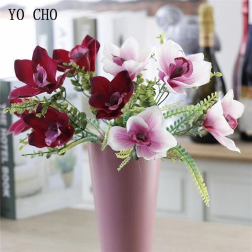 YO CHO 1 Bunch Artificial Orchid Flower 5 Heads DIY Silk Flowers for Party Wedding Table Home Vase Wall Decorative Craft Flowers
