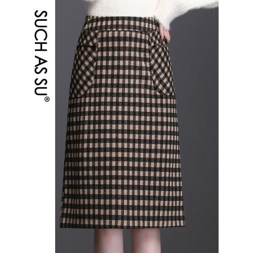 SUCH AS SU Skirts Womens 2020 Autumn Winter Wool Lattice Black Pockets Mid-Calf High Waist Sexy Plus Size Female Pencil Skirt