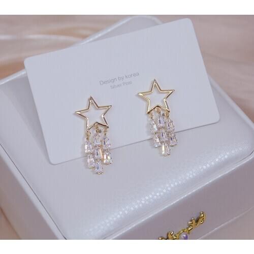 14k Real Gold Shine Tassel Crystal Star Women Earring Popular High Quality Zircon Drop Earring Bohemia Wedding Jewelry Pendant