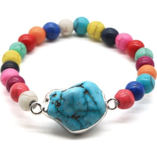 Blue Turquoise Bracelet with Fashion Women Elastic Bracelet 8MM Stone Beads Stretch Rainbow Gemstone Bracelets GB028