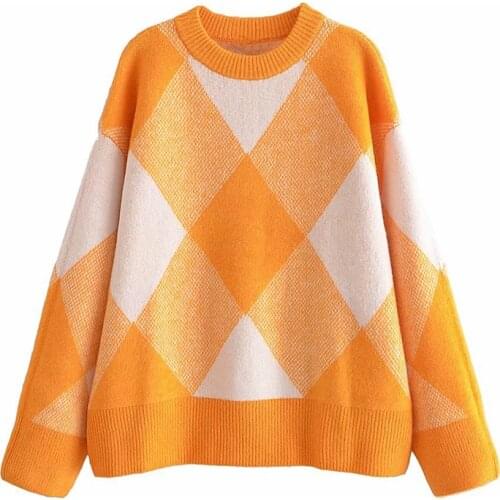 2021 ZA Women Autumn Winter Casual Pullover Sweaters O-Neck Long Sleeve Loose Female Argyle Jacquard Street Sweater Clothing