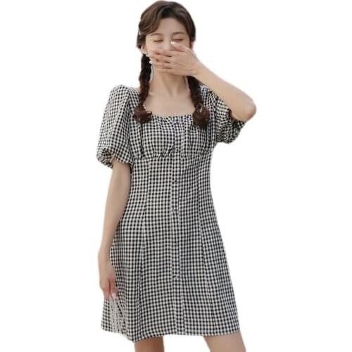 Women Clothing Vintage Korean Black white lattice 2021 Summer New French Square-Neck lantern sleeve Pleated Mini Dress 878J