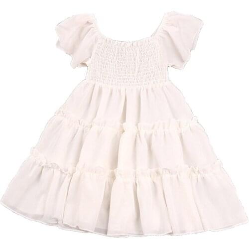 2021-02-27 Lioraitiin 2-7Y Lovely Kids Girls Summer Dress Puff Sleeve Off Shoulder Solid A-Line Knee Length Dress