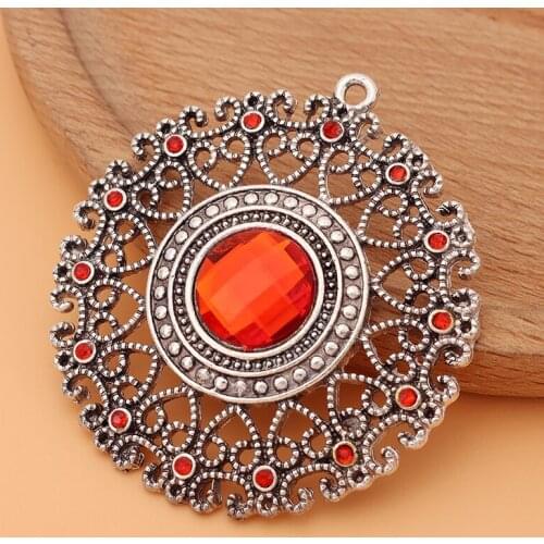 5pcs/Lot Large Tibetan Silver Filigree Flower & Rhinestone Crystal Round Charms Pendants for Necklace Jewelry Making Accessories