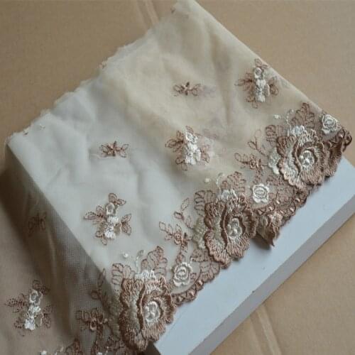 7YDS Lace Trim Beige Mesh Brown Mixed Flower Embroidered Scalloped Tulle Lace 18cm Wide High Quality Wedding Skirt Garment