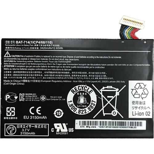 Original size Battery 3.7V 3420mah for acer Acer Iconia Tab A110 KT0010G001 BAT-714 batteries