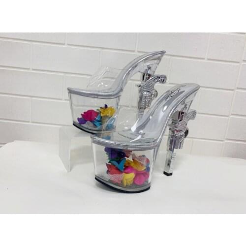 34-43 Big Size Transparent PVC Platform High Heels 18CM Gun Shaped Crystal Heel Sandals Summer Personality Fashion Female Pumps