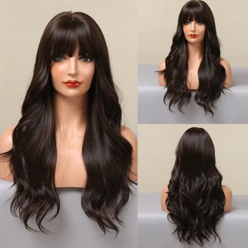 LOUIS FERRE Long Wavy Black Brown Wigs for Women Afro Synthetic Hair Wigs with Bangs High Temperature Fiber Lady Cosplay Wigs