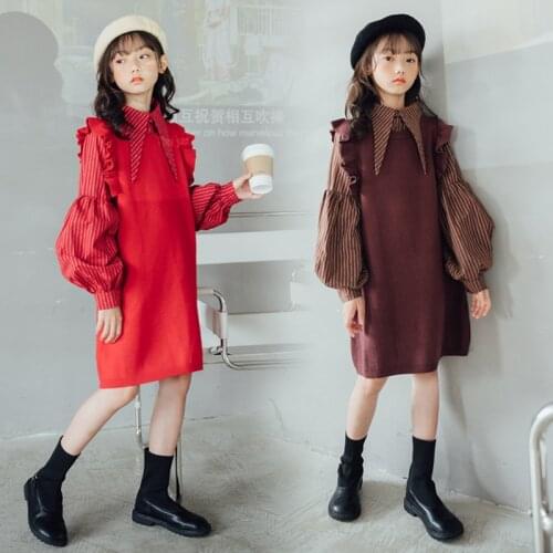 10 12 years Girls Elegant Party New Year Dress Knitted Shirt Patchwork Korean Style Kids Dress