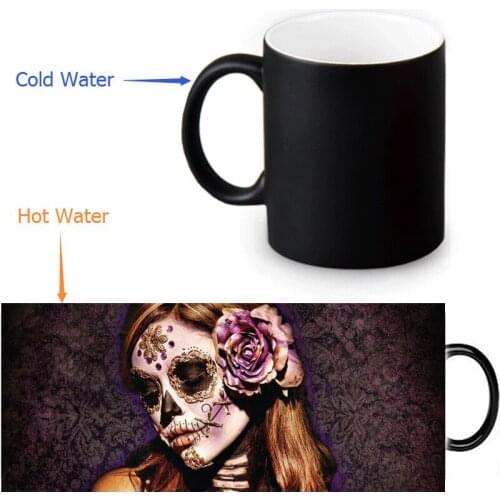 12oz Sugar Skull Heat Changing Color Ceramic Tea Cup Heat Sensitive Coffee Mug Transforming Black Magic Mug