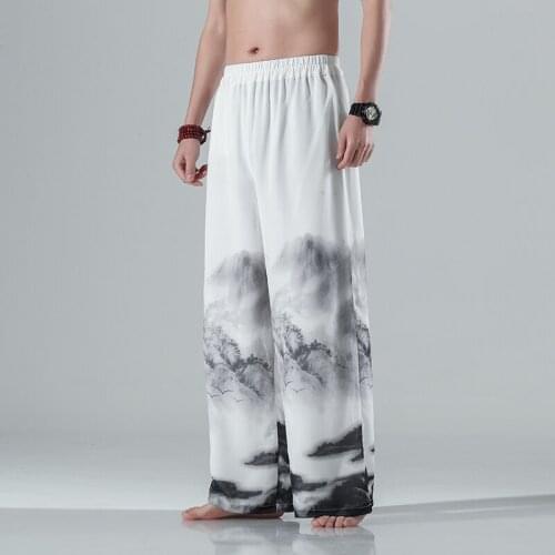 Chinese Clothes Oversized Hanfu Pants Summer Thin Ink Painting Ice Silk Wide Leg Pants Men Clothing Plus Size Hakama Male KK3550