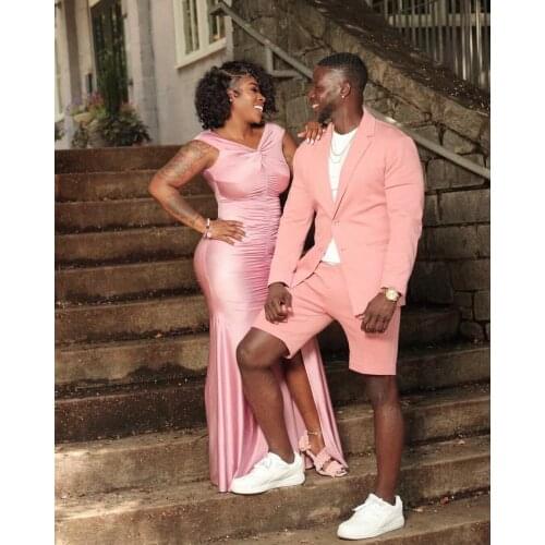 Happy Wedding Bridegroom Pink Men Suits With Short Pant Slim Fit Groom Tuxedo Terno Masculino Prom Blazer 2 Pcs Costume Homme
