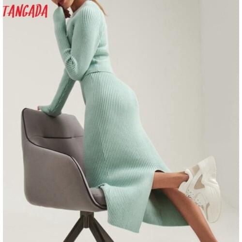 Tangada 2020 Womens Set Elegant Sweater Tracksuit Sets Sweater Skirt Suit 2 Pieces Sets O Neck Jumper Skirt Suits JE107