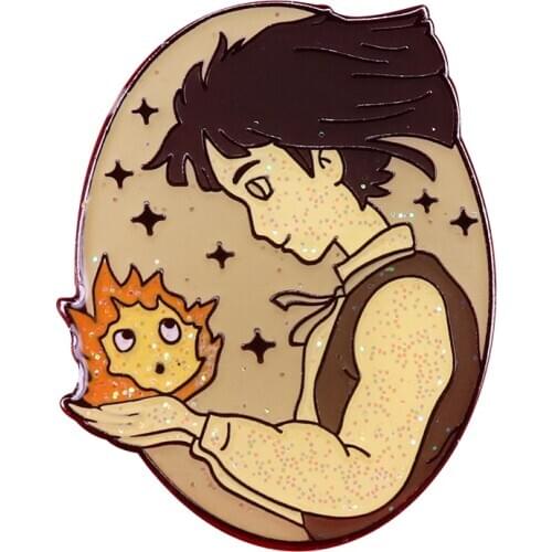 Pretty Anime Glitter Pin Sophie showing Calcifer a little love, from the Ghibli movie, Howls Moving Castle