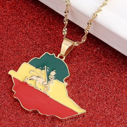 Ethiopian Flag Lion Map Pendant Necklace For Women Men Gold Color Silver Jewelry Map Chain