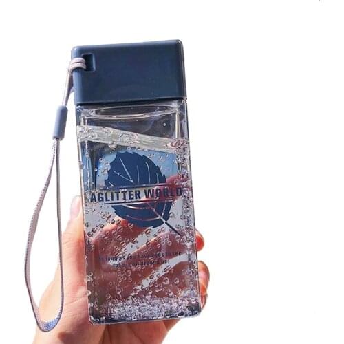 Square Plastic Water Bottle Cute Printing Clear Bottle Portable Water Drinkware Transparent Sports Travel Kids Water Bottle