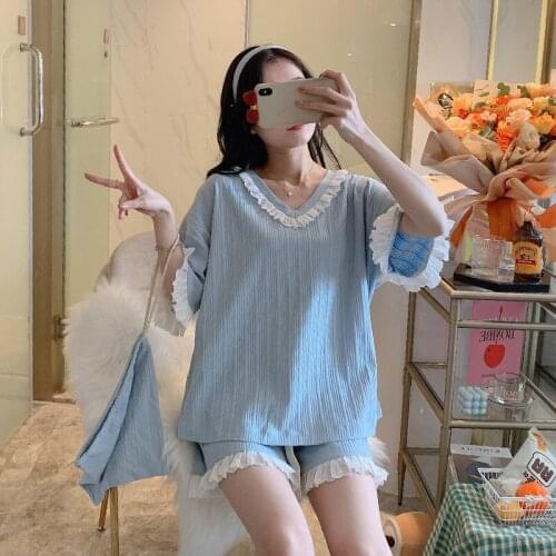 2021 Summer Sweet Girl Lace Pajamas Set Cotton Pink Blue Short Sleeve Sleepwear Princess Style Ladies 3 Piece Nightwear