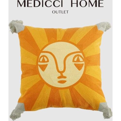 Medicci Home Bohemian Style Cushion Cover Tribe Ethnic Sun Pattern Wool Embroidery Handmade Pillow Case For Sofa Chair Bedroom