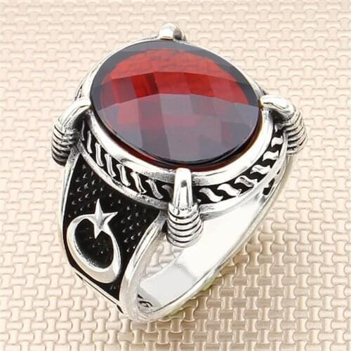 925 Sterling Silver Ring Men With Stone - Star And Crescent With Eagle Claw - Zircon Gemstone Gift For Him Mens Rings Handmade
