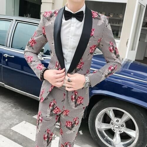 Mens 2020 Autumn Plaid Suits Flowers Suits Mens Night Club Outfits Social Fancy Stage Costumes For Singers Men Korea Colthes