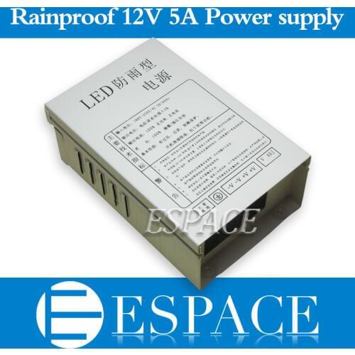 Rainproof 12V 5A 60W Switching Power Supply Driver for LED Strip AC 100-240V Input to DC 12V free shipping