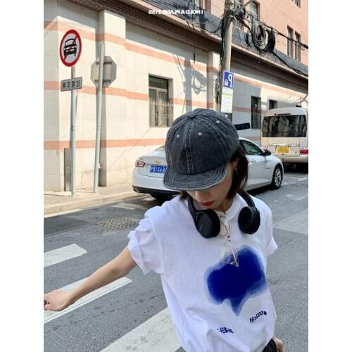 2021 New Women Fashion T-shirt A Pool of Blue Ink Printed Short Sleeved T-shirt Unisex White Concise Loose T-shirt Y2K Tops