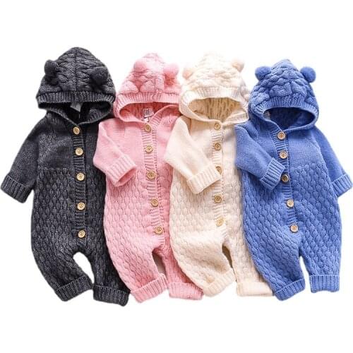 0-24M Newborn Baby Knitted Sweater Jumpsuits Autumn Winter Soft Warm Romper Boys Girls Hooded Bear EarJumpsuits Jackets