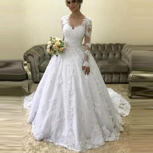 A-line wedding dress sweetheart vestido de noiva full sleeves robe de mariee lace-up back Customise suknia slubna applique dress