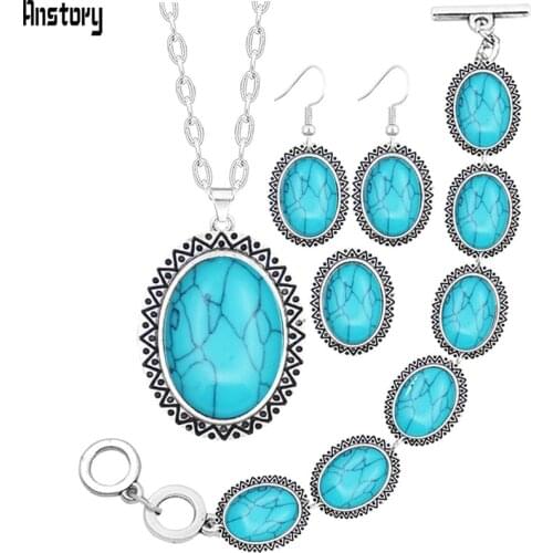 Sunflower Oval Synthetic Turquoises Jewelry Sets Necklace Bracelet Earrings Ring For Women Antique Silver Plated Jewelry TS71