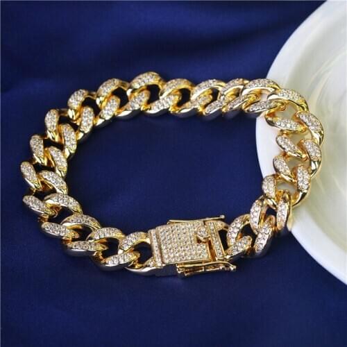 Gold Plated Bracelet Men Thick Zircon Bracelet Women Cuban Link Hand Chain Hip-hop Street Jewelry Gift Couple Pulsera Bangle