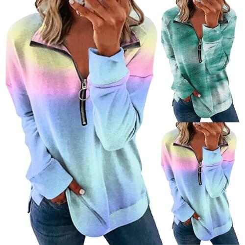 Women Long Sleeve Colorful Printing Zipper Round Neck T-shirt Sexy Ladies Blouse Top Daily All-match Sexy Girls T-shirt Top