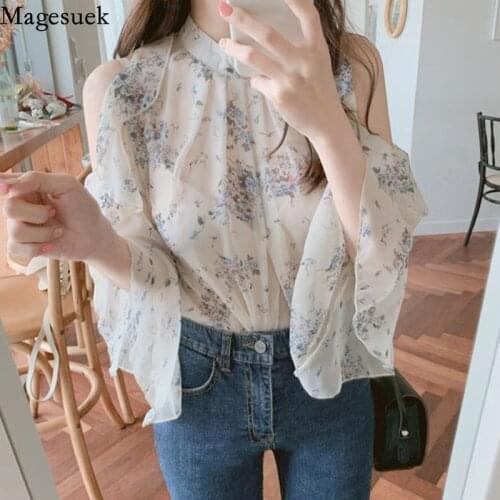 Elegant Summer Print Loose Ruffle Tops Chiffon Blouse Off Shoulder Women Tops Office Lady 2021 Fashion Blusas Mujer De Moda 9931
