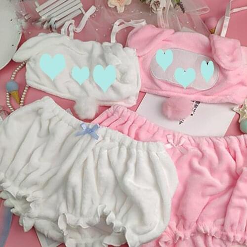 Woman Pajamas Shorts Set Plush Cartoon Sleepwear Flannel Sexy Lingerie Underwear Cute Bra Nightie Women Clothing Intimates