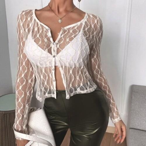 Black White Lace Mesh Sheer See Through T-shirt Long Sleeve Button Crop Top Sexy Women Streetwear Summer Y2K Aesthetic Top Tee