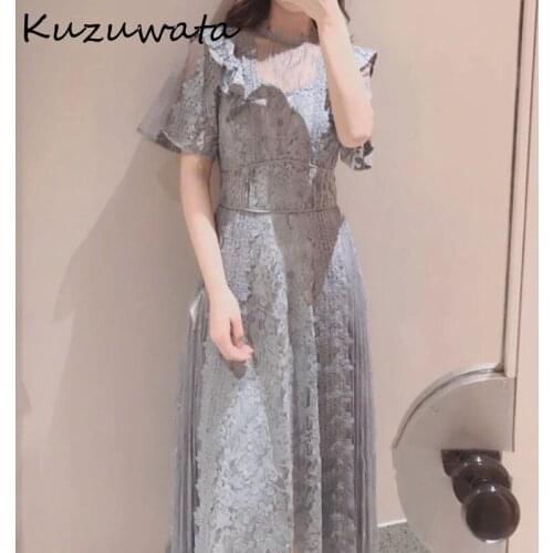 Kuzuata Lace Elegant Patchwork Hook Flower Dress Women High Waist Hip A Line Slim Vestidos Summer 2021 New Short Sleeve Robe