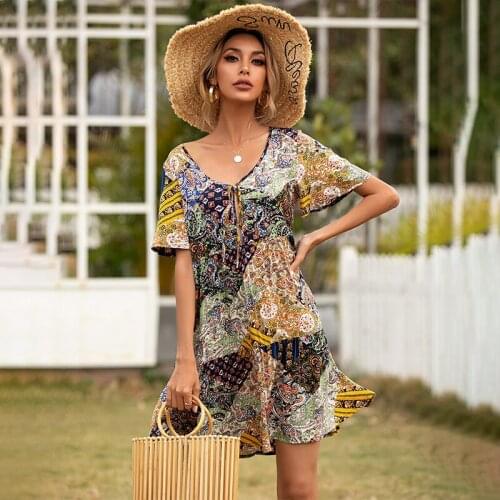 Mini Dress Women Summer New Vintage Print Short Sleeve V-neck High Waist Loose Female Beach Holiday Bohemian Sundress
